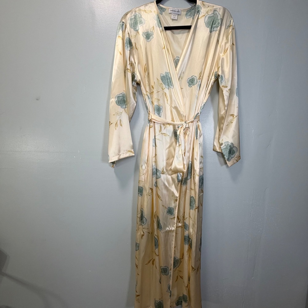 Jones New York Vintage Floral Satin Long Robe Cream L/XL Feminine Romantic